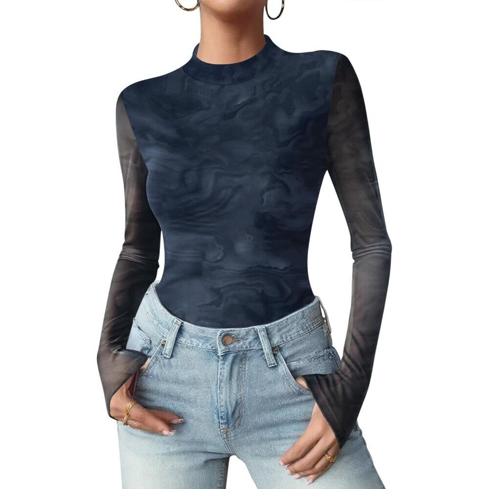 Women’s Floral Mesh Long Sleeve Blouse Sheer Mock Neck Party Top S-XXL